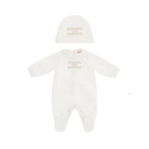 A baby two-piece outfit set featuring a long-sleeve footless onesie and a matching beanie hat, both in off-white with a beige embroidered double-C logo on the chest.