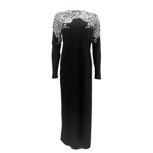A breathtaking Velvette Lace Print Nightgown, showcasing its authoritative architectural modest fit and refined, butter-soft textile texture black