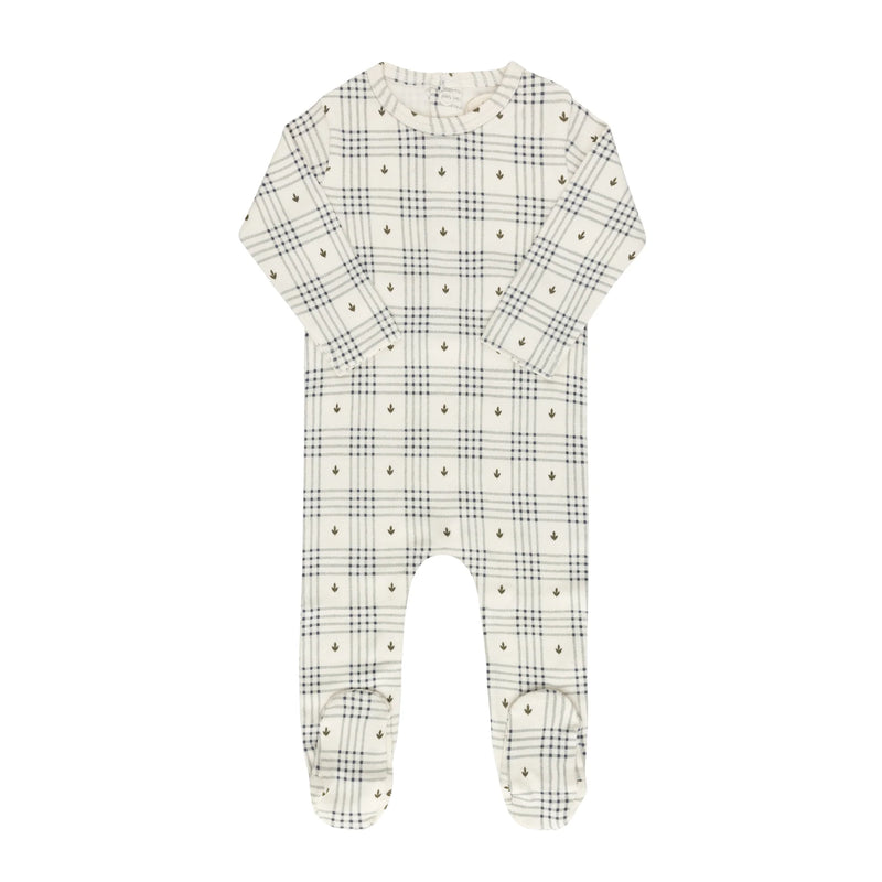 A front view of the ivory and blue floral plaid baby footie by Ely’s & Co.