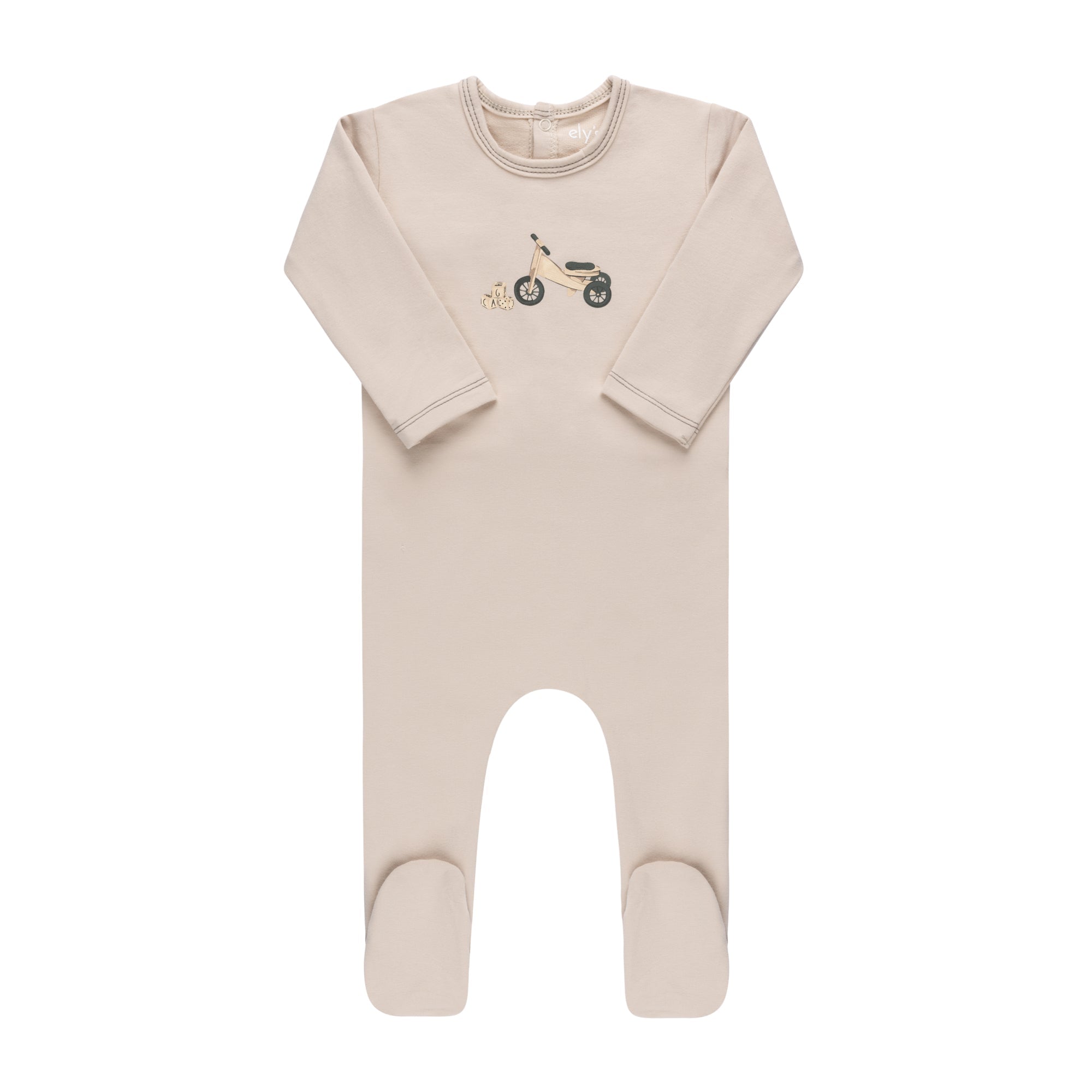 A breathtaking Ely's & Co. French Terry Footie featuring an immaculate tan palette, a whimsical bicycle print, and a cozy footed silhouette.