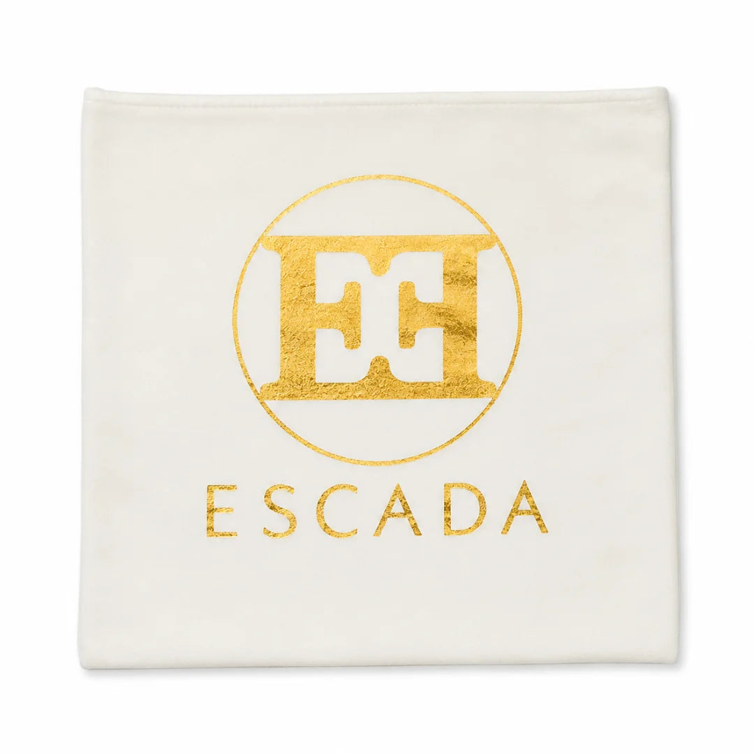 front view of the Escada white and gold logo jacquard baby blanket.