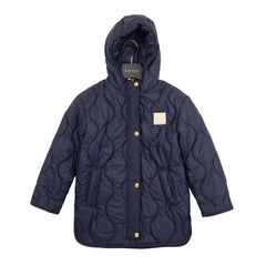 Navy quilted jacket with gold buttons on a white background