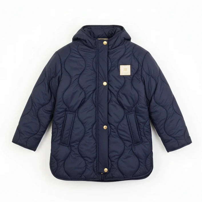 Navy quilted jacket with gold buttons on a white background