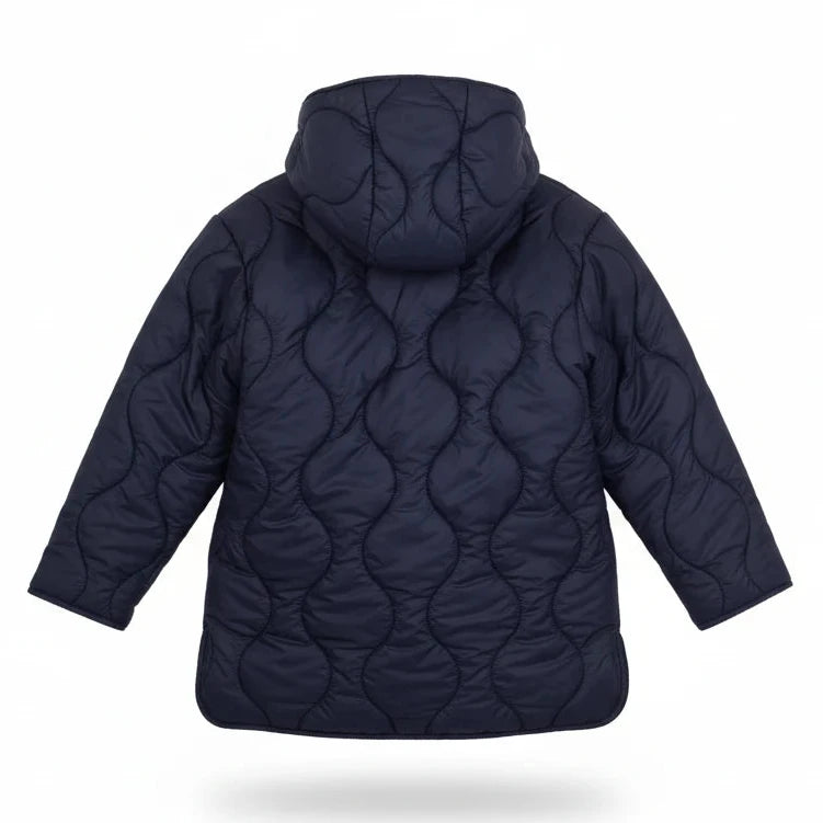 Navy blue quilted jacket on a hanger against a white background