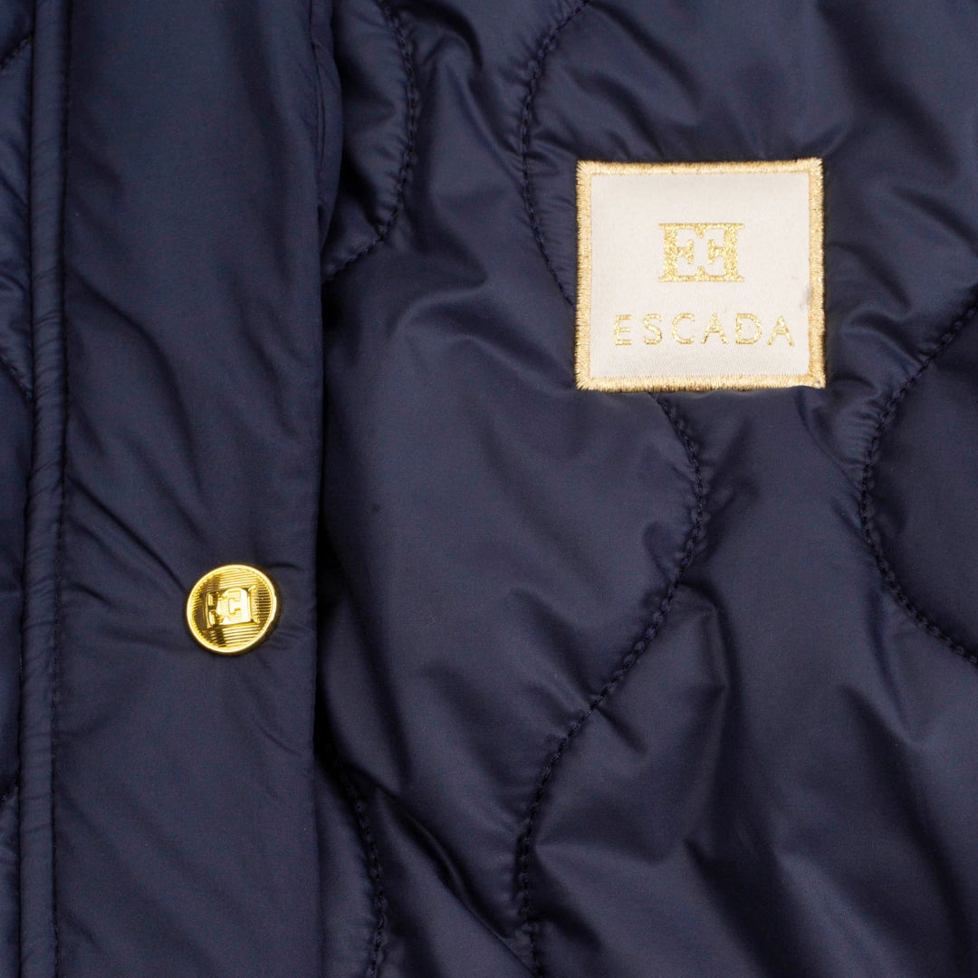 Navy blue jacket with a gold button and Escada label