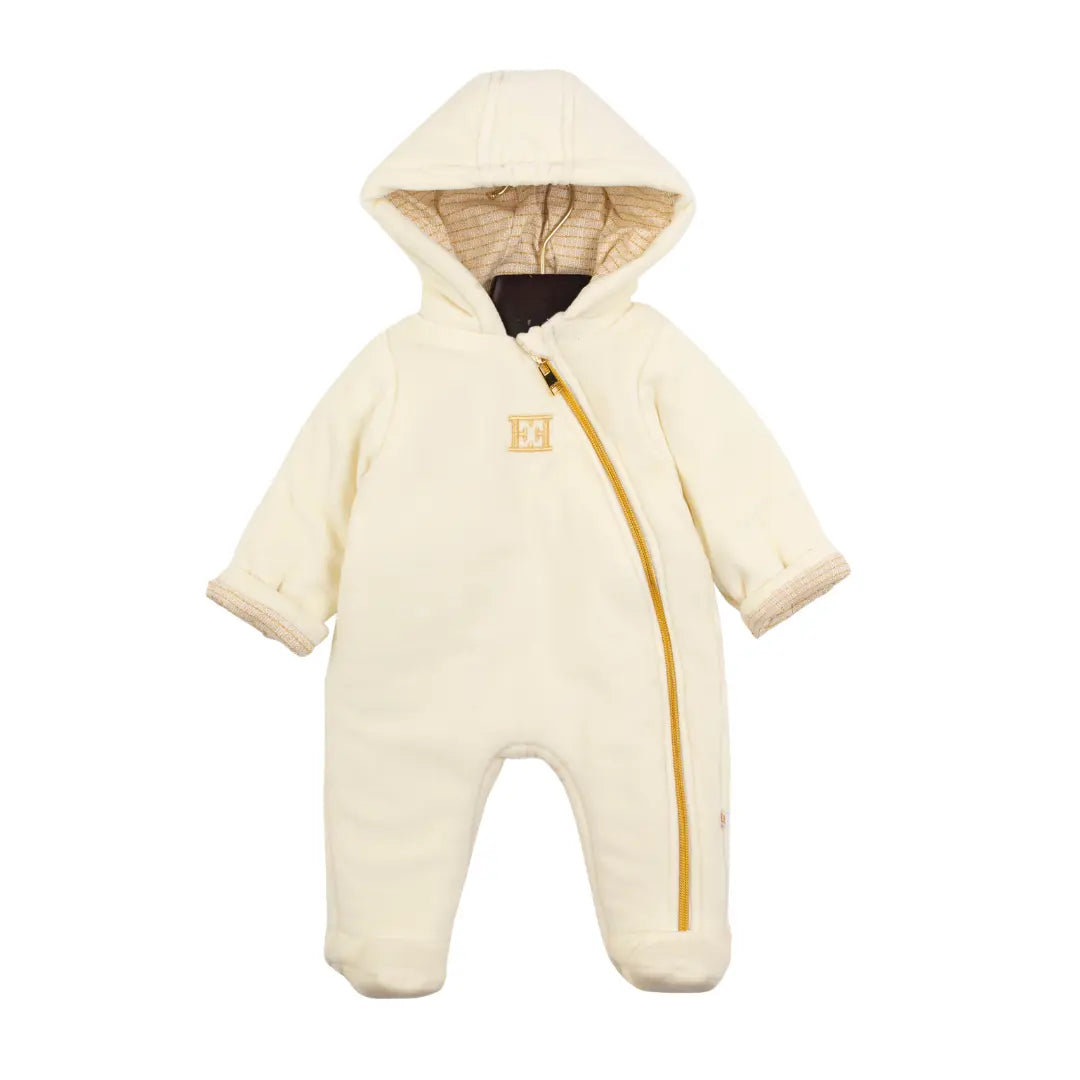 Cream-colored baby snowsuit with a hood on a white background