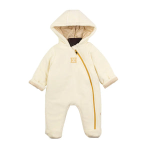 Cream-colored baby snowsuit with a hood on a white background