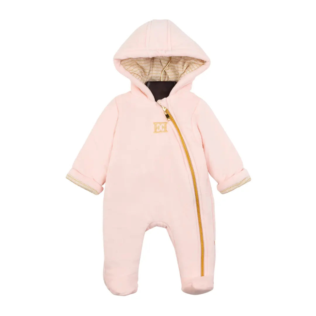 Pink baby snowsuit with a hood on a white background