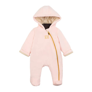 Pink baby snowsuit with a hood on a white background