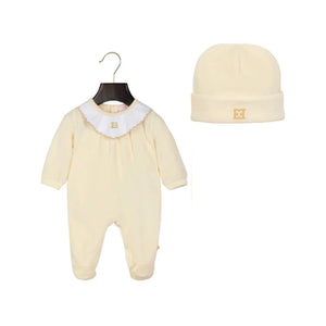 The elegant Escada newborn footie and beanie set in antique white