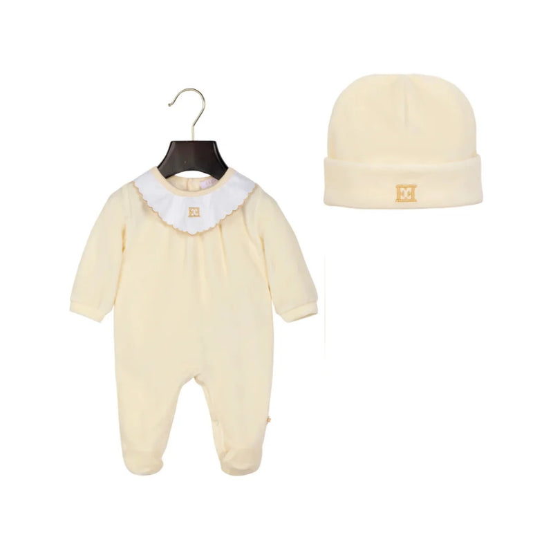 The elegant Escada newborn footie and beanie set in antique white