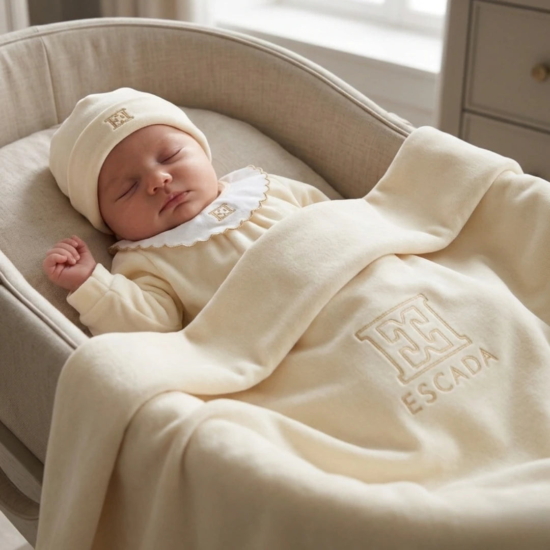 A newborn resting in the sophisticated Escada antique white set.