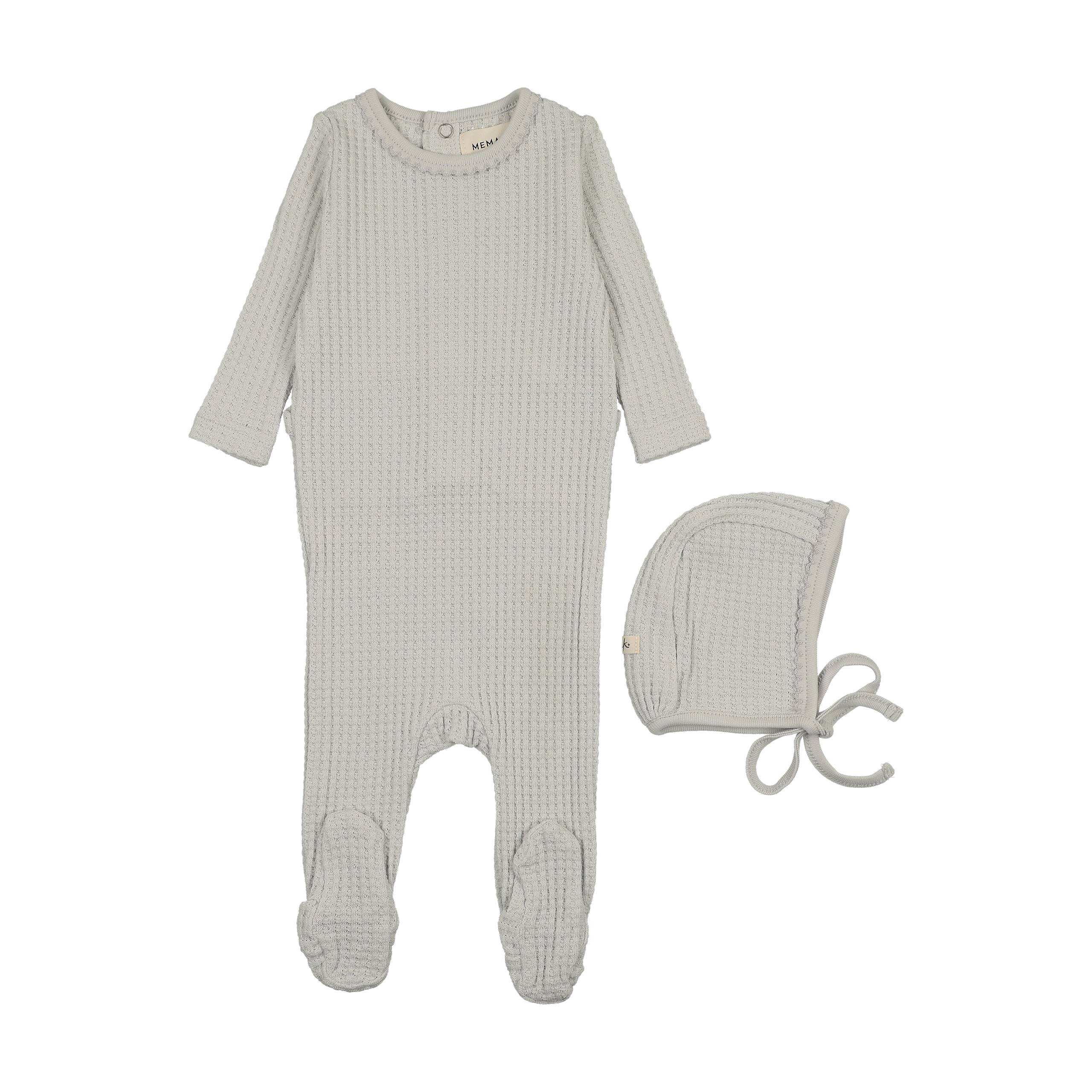 Mema Knits Ice Blue Honeycomb Waffle Footie + Bonnet