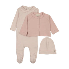 Mema Knits – Pale Rose Striped Collared Footie, Cardigan & Beanie Set | Pale Rose