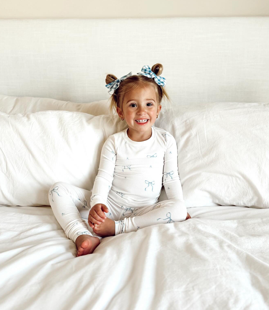 Dreamy Skies Baby - Ribbed Bamboo Two Piece Pj Set in Blue Bows: 4T