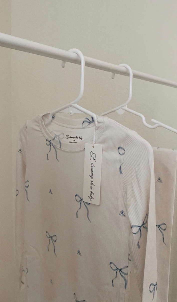 Dreamy Skies Baby - Ribbed Bamboo Two Piece Pj Set in Blue Bows: 4T