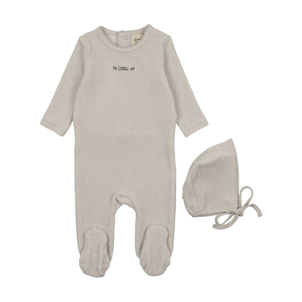 Mema Knits Ice Blue Velour Embroidery Footie + Bonnet