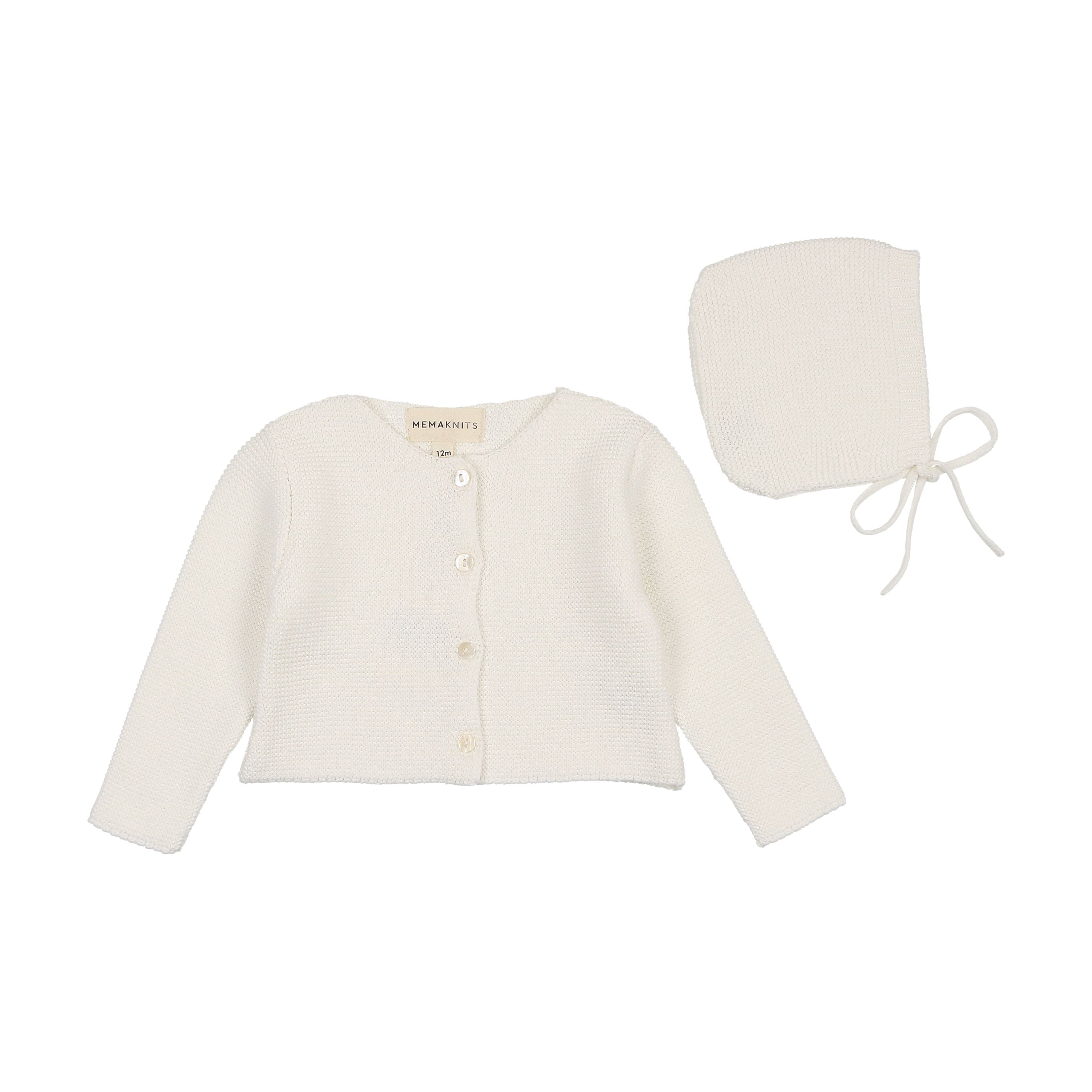 Mema Knits Winter White Knit Cardigan + Bonnet