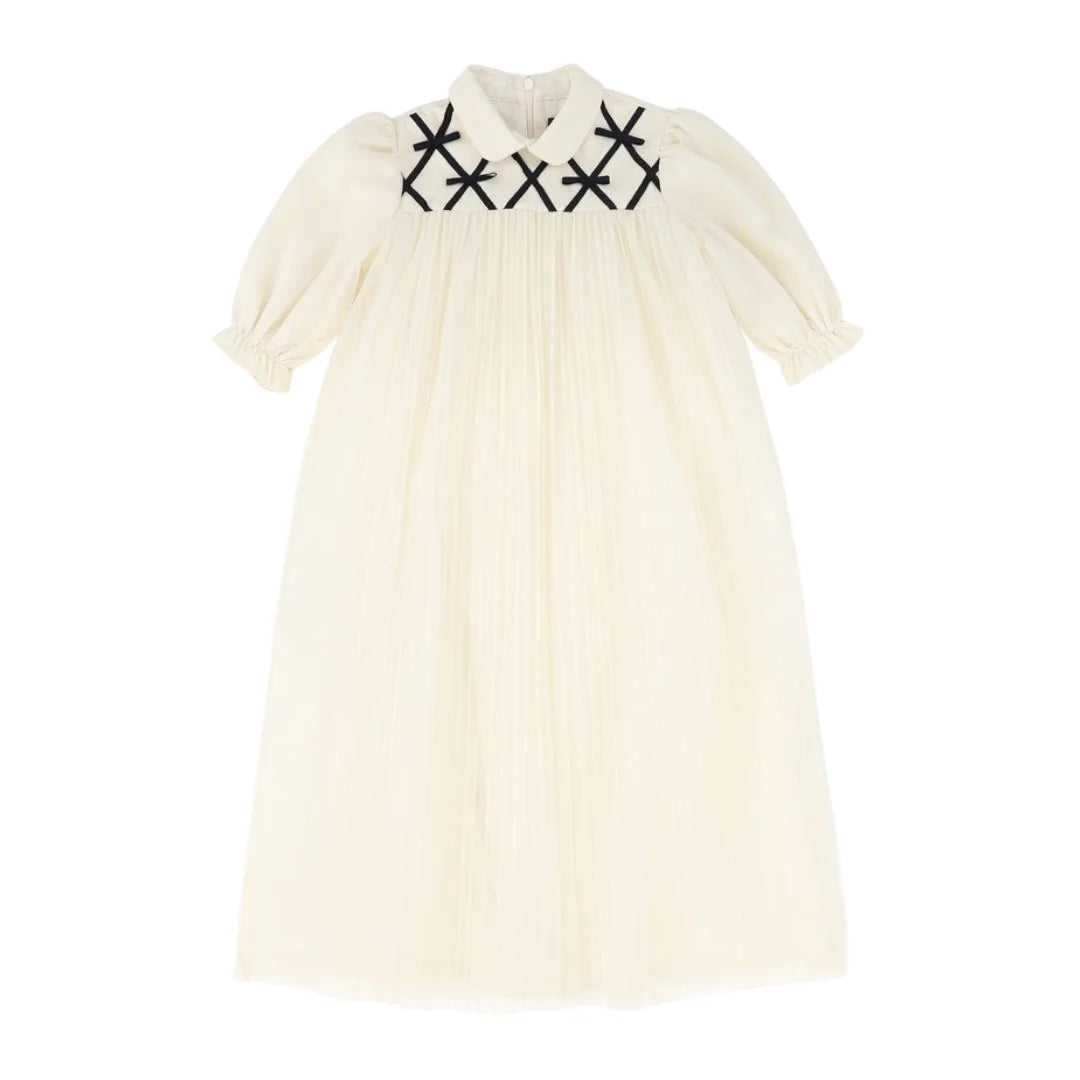 A front view of the Francesca Guiliano grosgrain lattice puff sleeve formal dress.