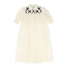 A front view of the Francesca Guiliano grosgrain lattice puff sleeve formal dress.