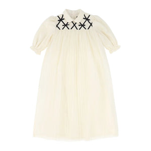 A front view of the Francesca Guiliano grosgrain lattice puff sleeve formal dress.