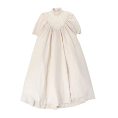 A front view of the Francesca Guiliano taffeta and lace V design formal gown.