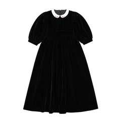 A front view of the Francesca Guiliano velvet embroidered collar formal gown.