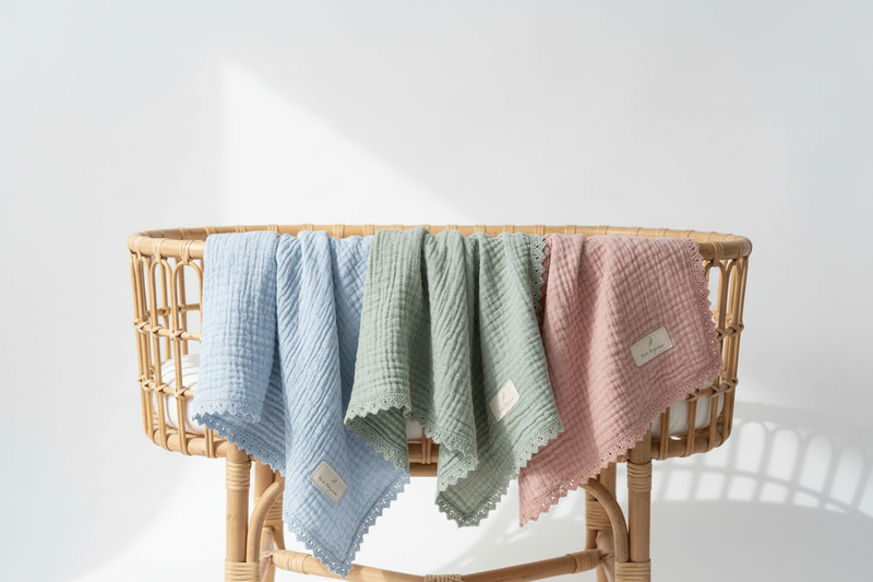 Three textured cotton baby blankets in light blue, sage green, and dusty pink are draped over a natural wicker bassinet against a white wall with soft window shadows.