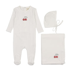 Mema Knits Red Embroidered Cherry 3 Pc Layette Set