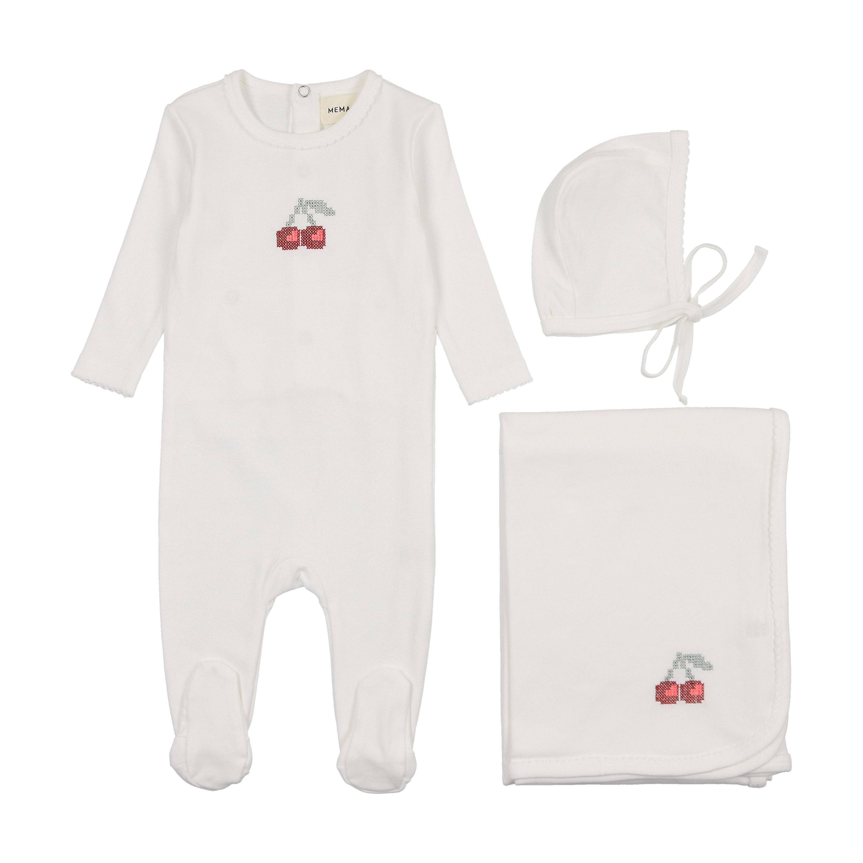 Mema Knits Red Embroidered Cherry 3 Pc Layette Set