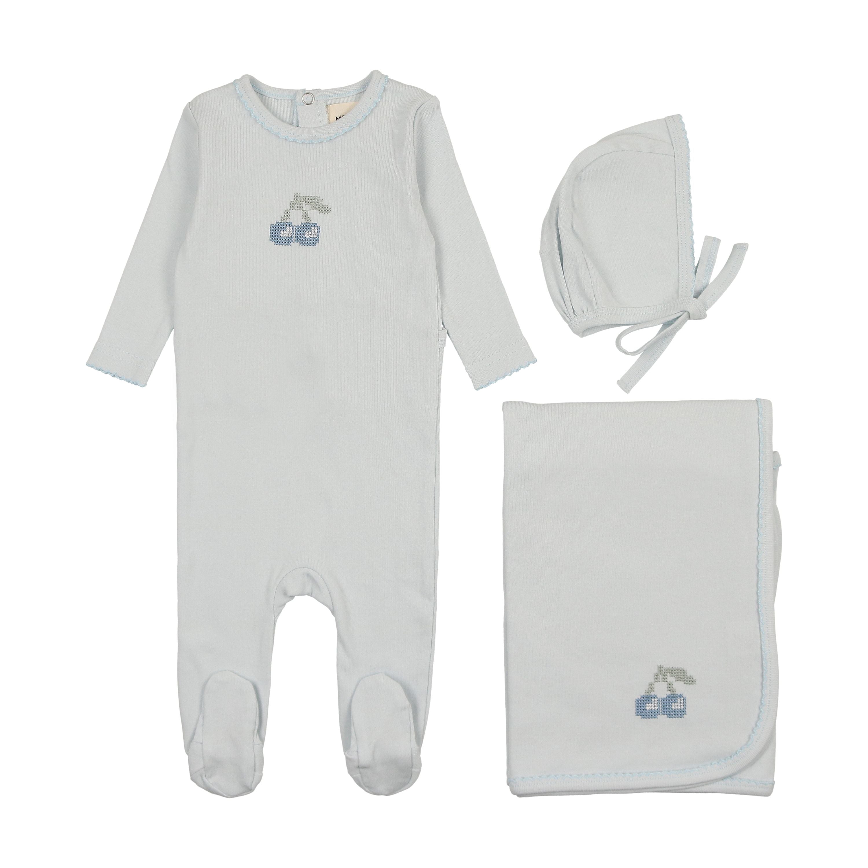 Mema Knits Blue Embroidered Cherry 3 Pc Layette Set