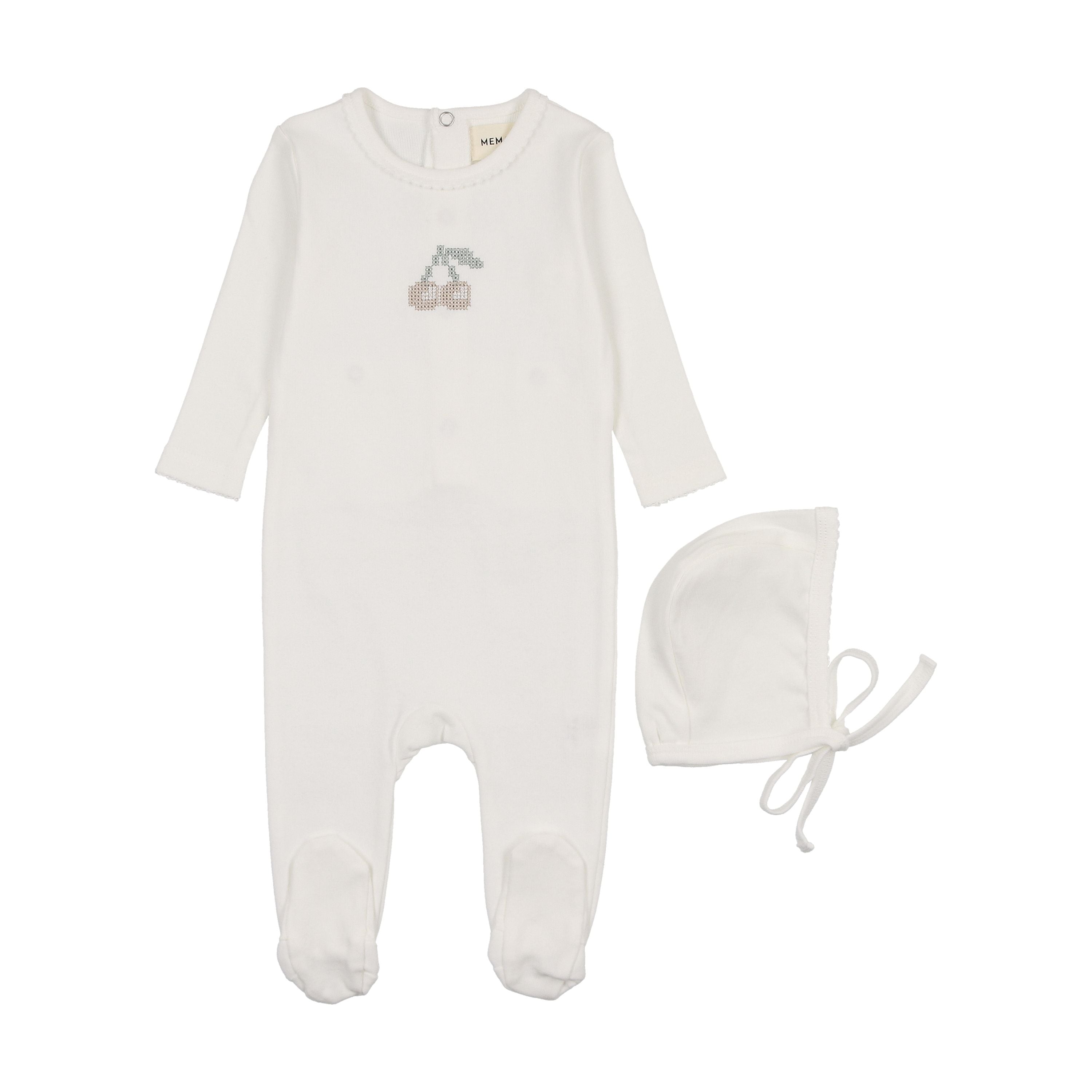 Mema Knits Taupe Embroidered Cherry Footie + Bonnet