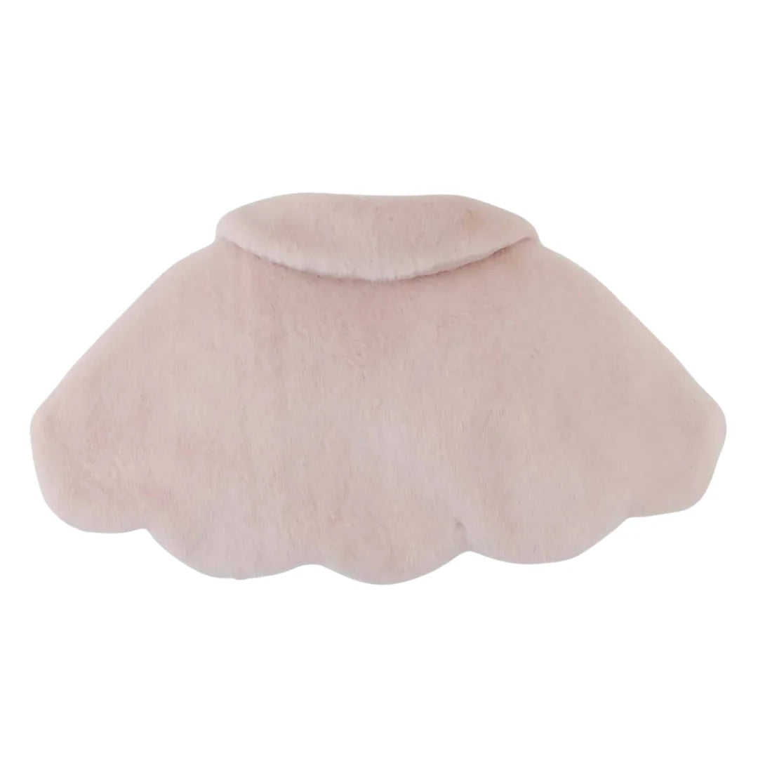 The back view of the pink faux fur baby capelet by Gingersnaps, showing the smooth, rounded silhouette.