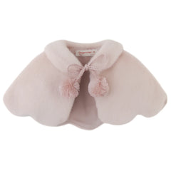 A front view of the soft pink Gingersnaps Elaine faux fur capelet featuring elegant scalloped edges.