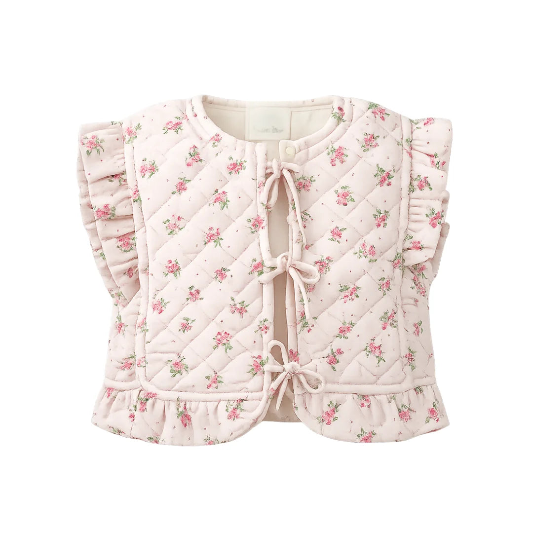 A front view of the pink Gingersnaps quilted baby vest with a delicate floral print pattern.