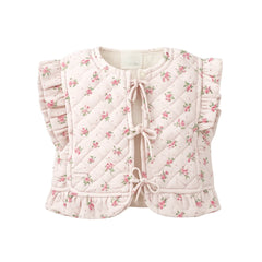 A front view of the pink Gingersnaps quilted baby vest with a delicate floral print pattern.