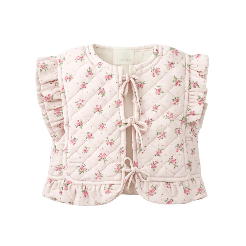 A front view of the pink Gingersnaps quilted baby vest with a delicate floral print pattern.
