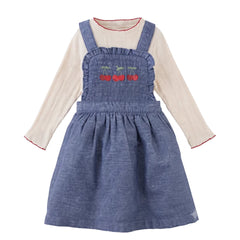 A front view of the Gingersnaps Baby Margot blue pinafore dress set with cherry embroidery.