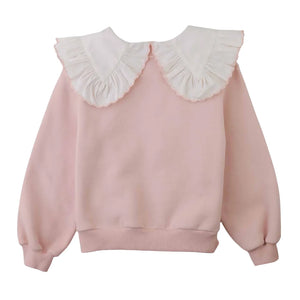 A front view of the Gingersnaps Benedicta pink sweater featuring a detailed woven ruffled collar.
