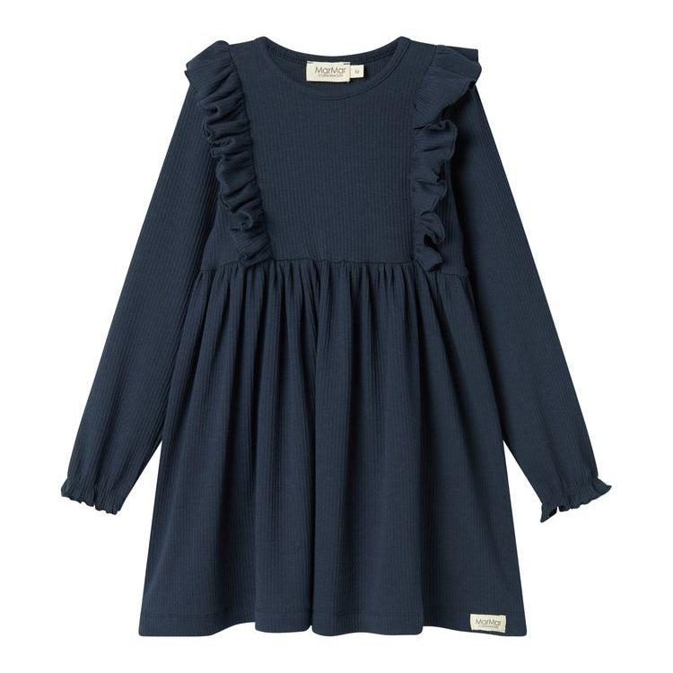 Marmar Girls' Long Sleeve Ruffle Dress | Soft Ribbed Organic Cotton & Modal Dress