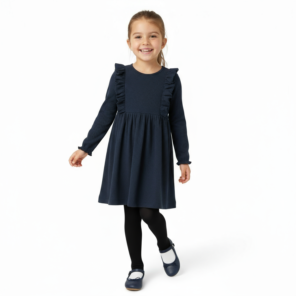 Young girl wearing a navy dress with ruffled sleeves on a white background