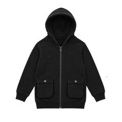 A front view of the Ibis Outerwear boys premium black velour full-zip hoodie.
