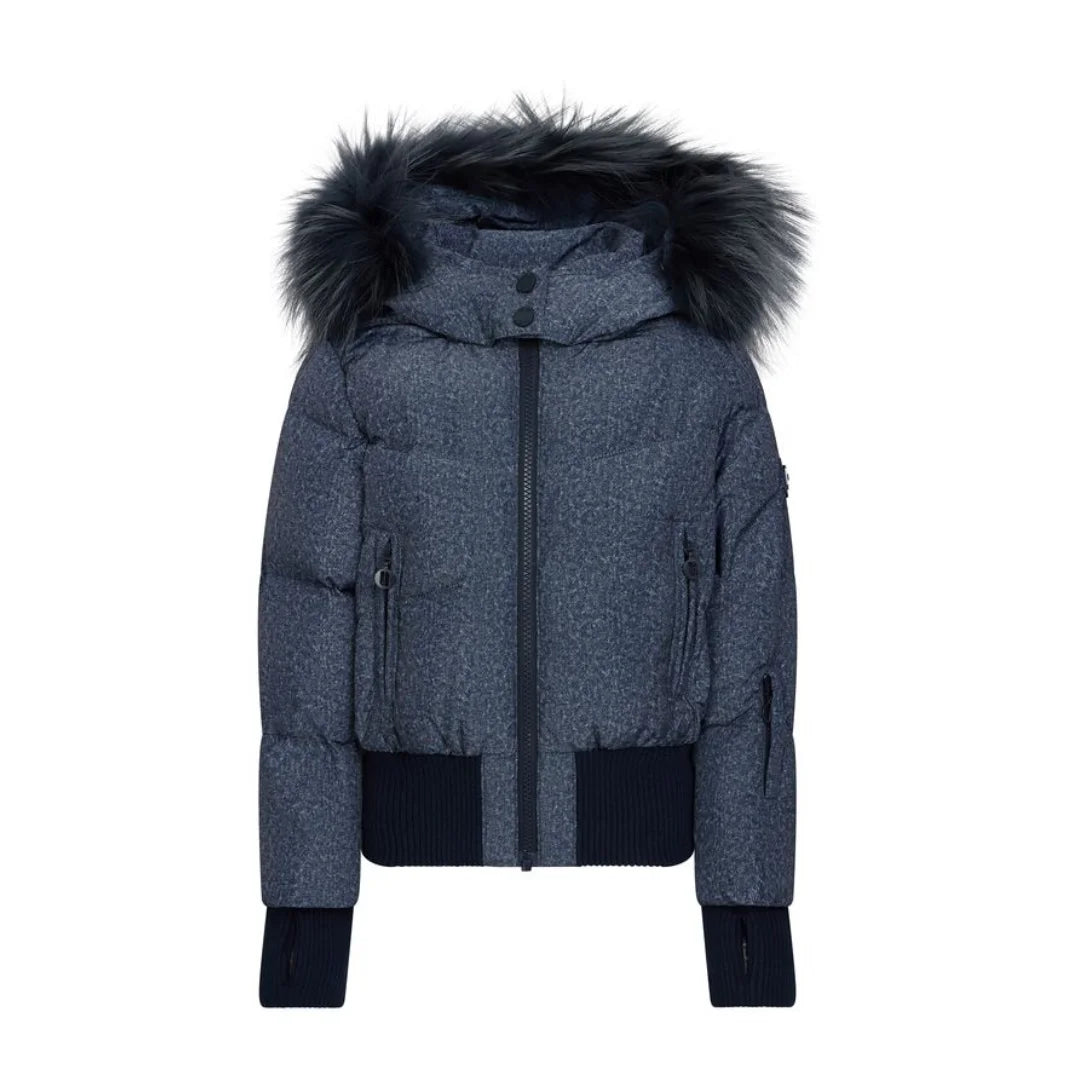 A dark gray heathered puffer jacket with a large black faux-fur trimmed hood, black ribbed hem and cuffs, and a black front zipper, shown on a plain white background.