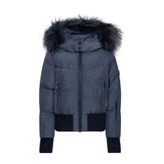 A dark gray heathered puffer jacket with a large black faux-fur trimmed hood, black ribbed hem and cuffs, and a black front zipper, shown on a plain white background.