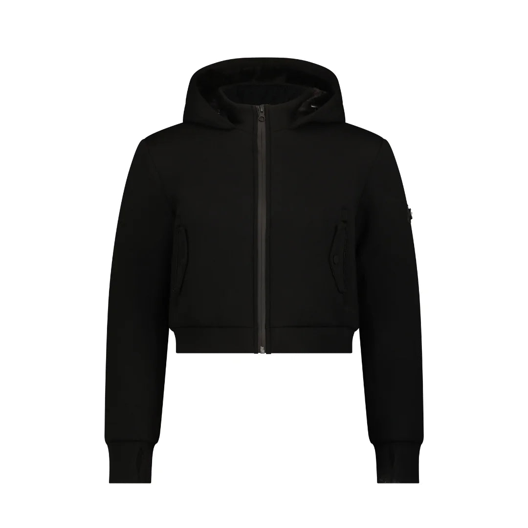 A black cropped zip-up hoodie with a drawstring hood, ribbed cuffs and hem, and side pockets, shown on a plain white background.