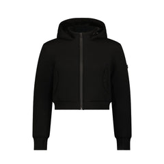 A black cropped zip-up hoodie with a drawstring hood, ribbed cuffs and hem, and side pockets, shown on a plain white background.