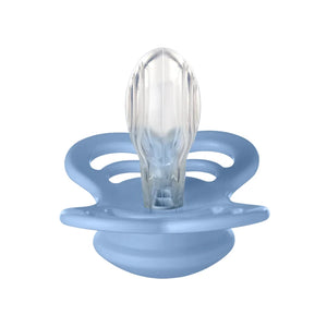 Blue baby pacifier with a clear silicone tip on a white background