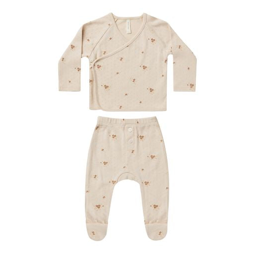 Pointelle wrap top + footed pants set