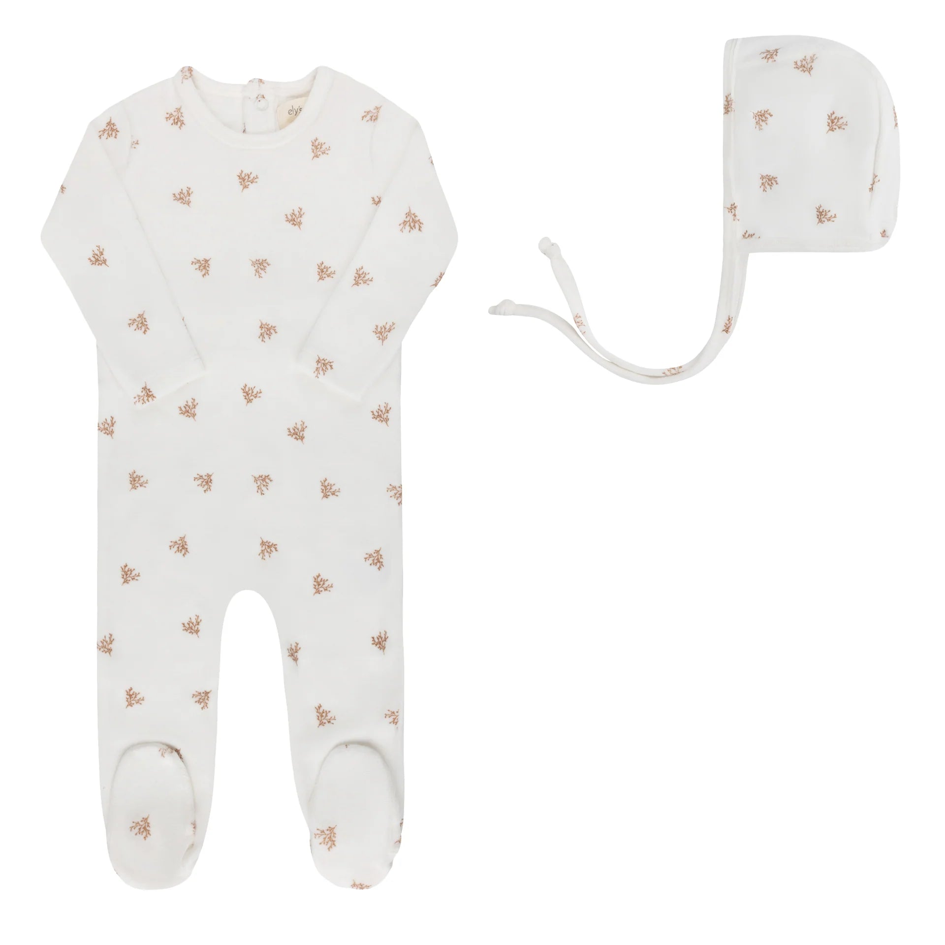 Ely's & Co Ivory Boys Velour Leaf Footie + Bonnet