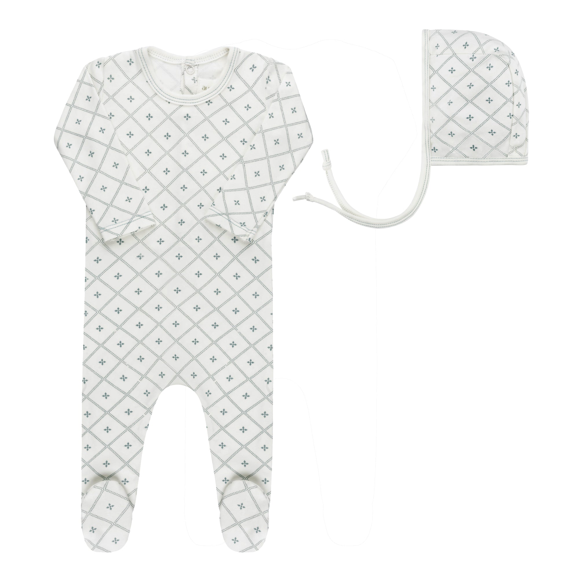 Aurora Ivory/Blue Diamond Print Footie + Bonnet